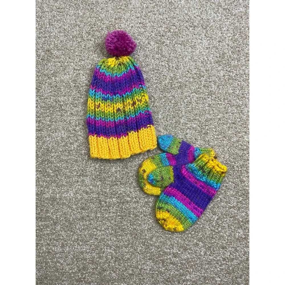 Vintage Multicolor Chunky Crochet Beanie Pompom‎ Winter Hat Gloves Set
